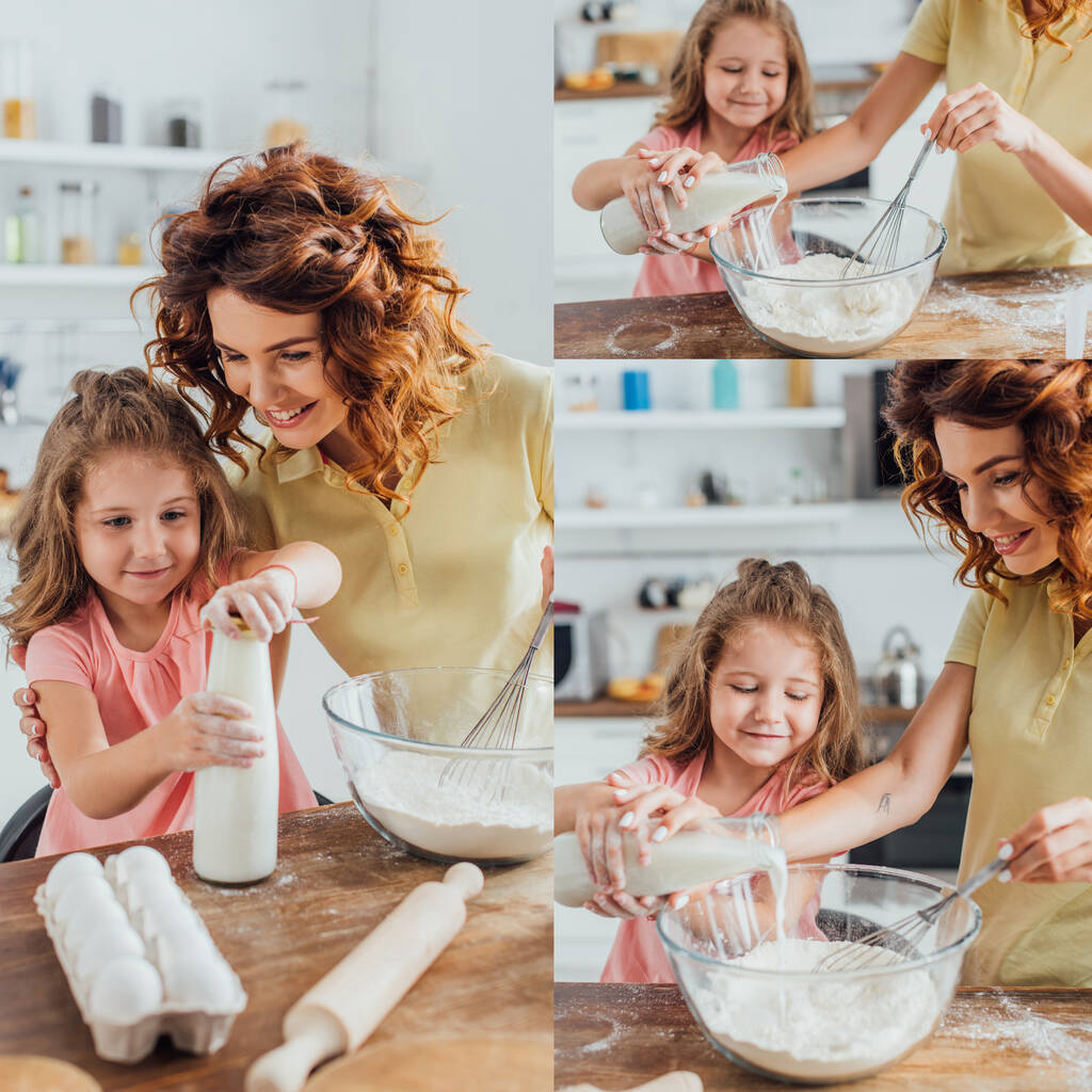 Şişeyi açan kız kolajı ve hamur yoğururken cam kaseye süt döken kıvırcık kadın. - Fotoğraf, Görsel