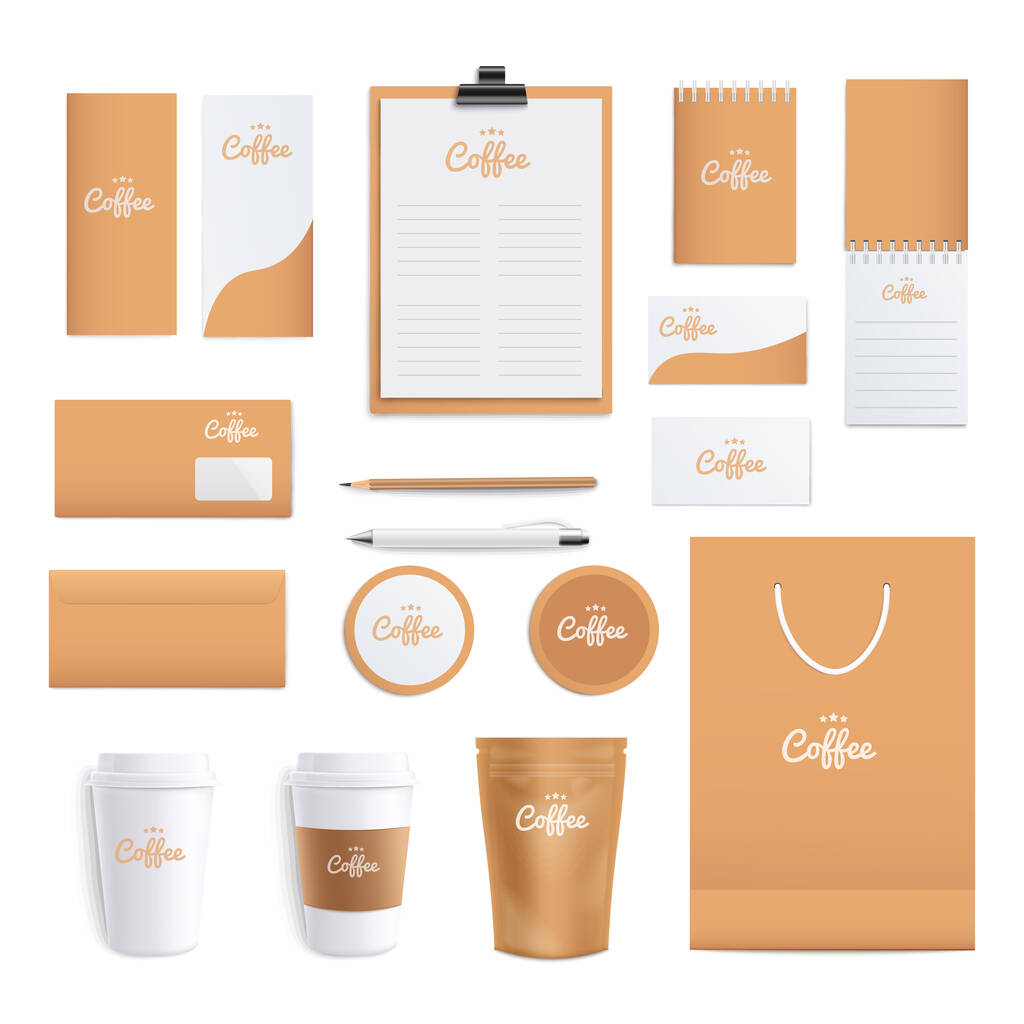 WebCoffee temático layout de papelaria identidade corporativa, conjunto de mockups realistas para branding
 - Vetor, Imagem