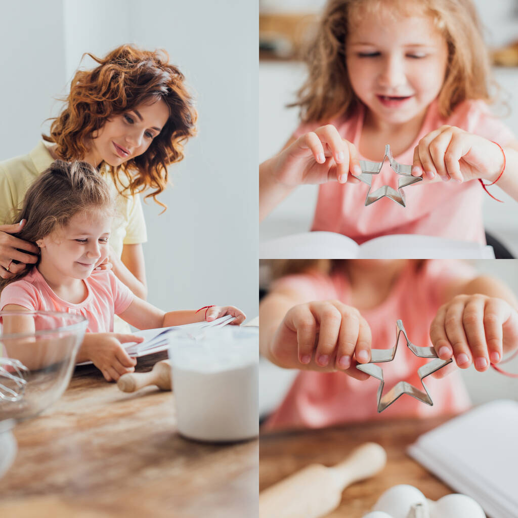 kolaż matki i córki czytających książkę kucharską w pobliżu dzbanka pomiarowego z mąką, a dziewczyna trzymająca nóż w kształcie gwiazdy, selektywne skupienie - Zdjęcie, obraz