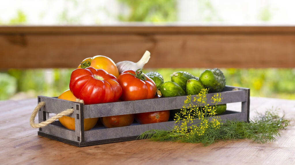 Tomates de verduras e pepinos em uma caixa de madeira em uma mesa de madeira, close-up. Colheita, jardim, horta. fundo bokeh desfocado
. - Foto, Imagem