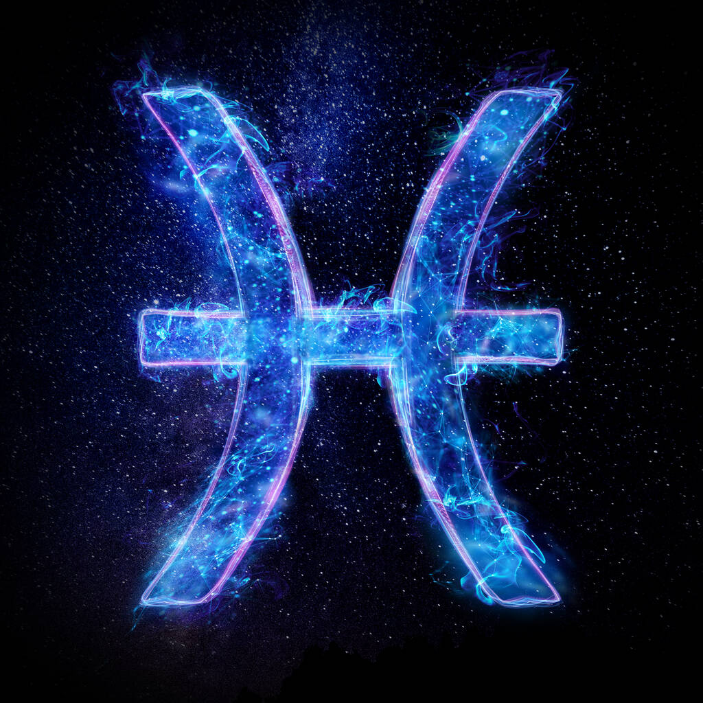 Sternzeichen-Ikone Fische, blaues Neonhologramm auf dunklem Sternenhimmel, Horoskopzeichen. Das Konzept des Schicksals, der Vorhersagen, der Wahrsagerin. 3D-Grafik, 3D-Illustration - Foto, Bild