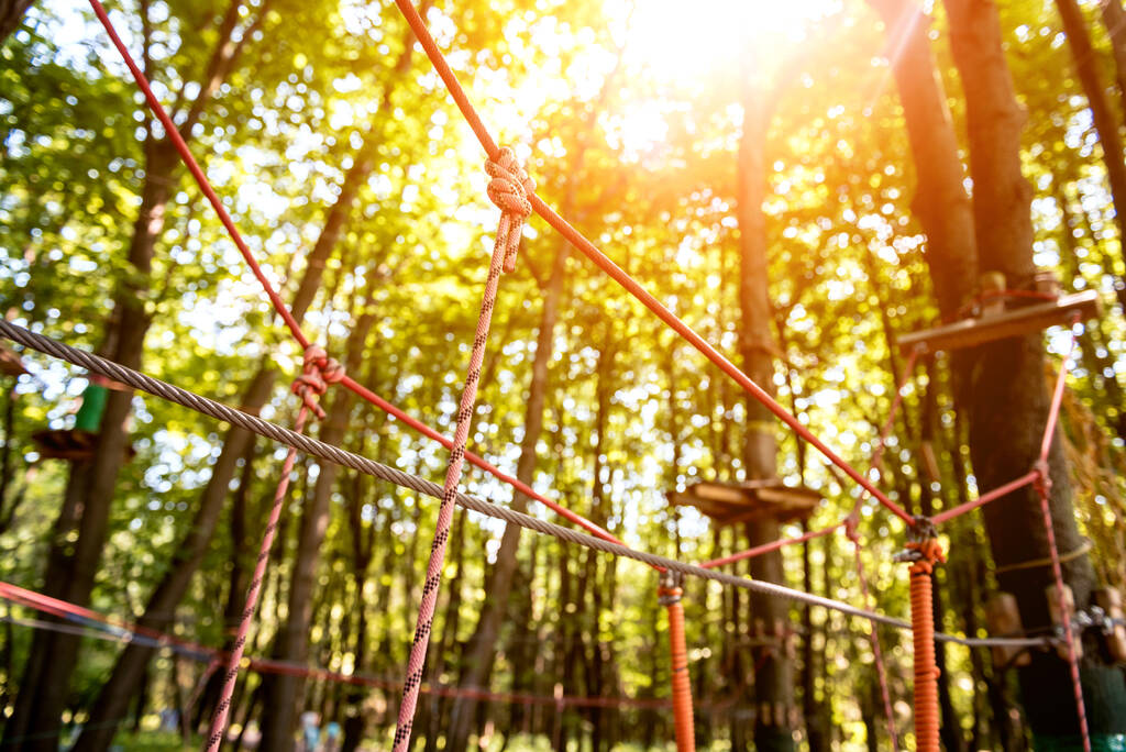 Detalle del parque de cuerdas en un bosque. Aventura parque de verano
. - Foto, imagen