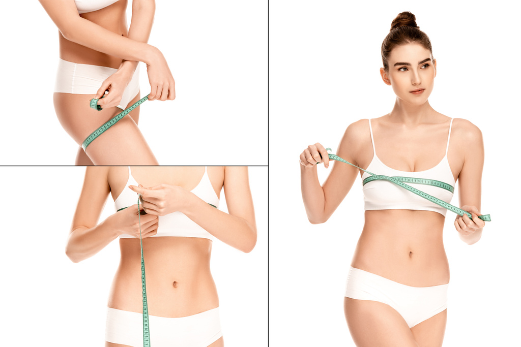 collage del modelo en la parte superior y bragas que sostienen cinta métrica mientras miden el busto y las caderas aisladas en blanco  - Foto, Imagen