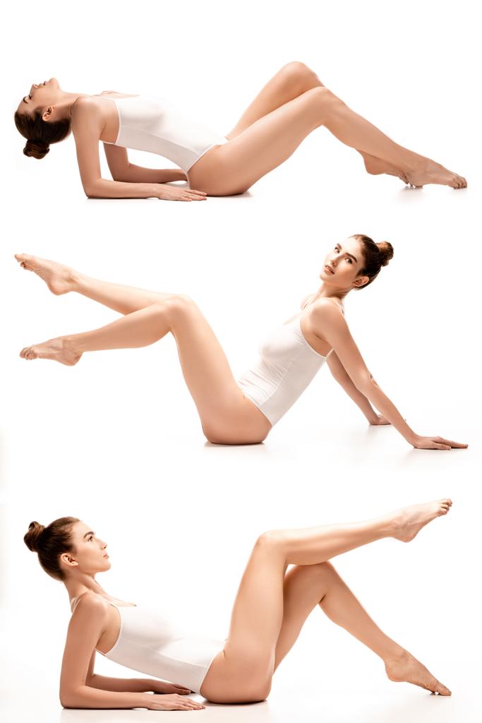 collage of barefoot young woman in bodysuit lying on white  - Photo, Image