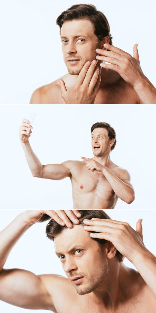 Collage van shirtloze man aanraken van huid, haar en selfie met smartphone geïsoleerd op wit - Foto, afbeelding