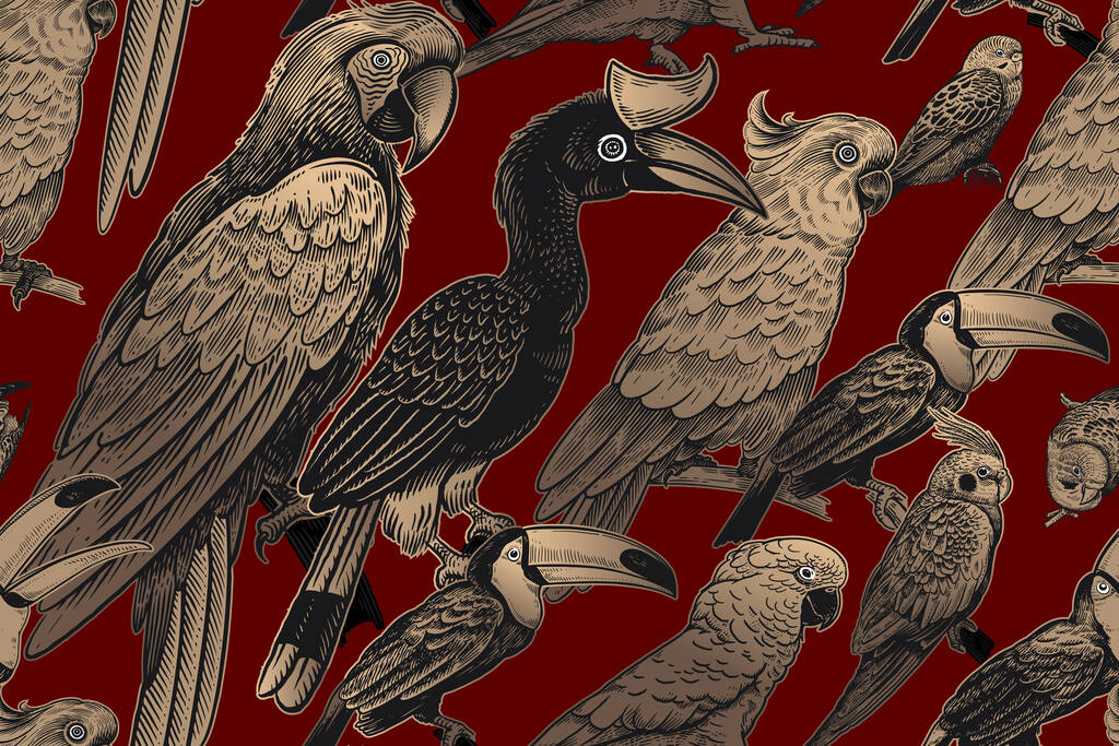 豪華な熱帯のパターン。エキゾチックな鳥はオウムとタオカンズ。金箔プリントと赤の背景に黒。動物のパターン。野生の世界。ハワイのシャツ、紙、壁紙、インテリアのための夏のデザイン - ベクター画像