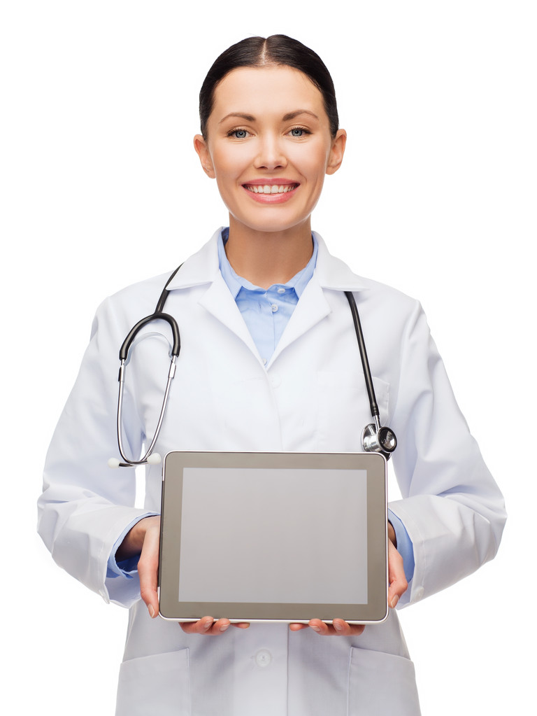 Médica com estetoscópio e tablet pc
 - Foto, Imagem