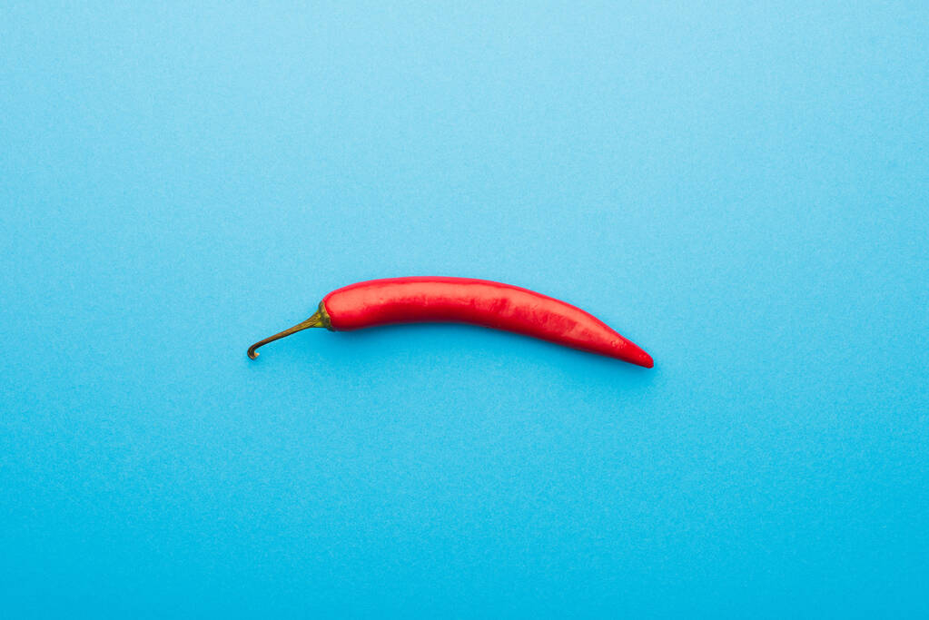 top view of spicy red chili pepper on blue background - Photo, Image