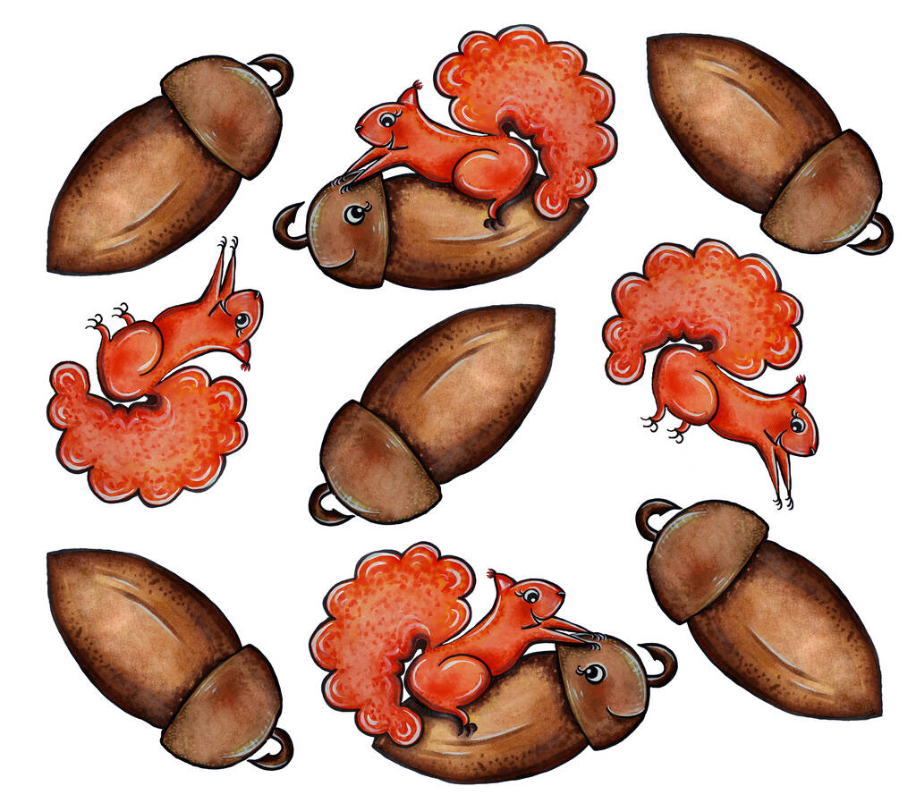 Wzór wesołej wiewiórki z żołędziem - Zdjęcie, obraz