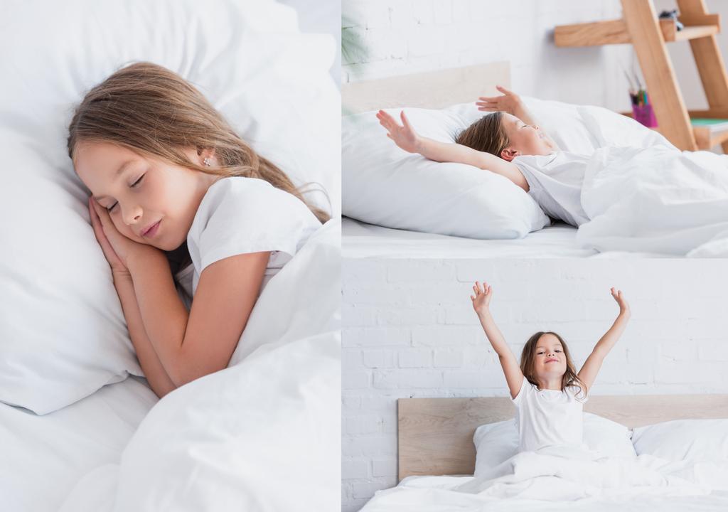 κολάζ του κοριτσιού ύπνου, αφύπνιση και τέντωμα στο κρεβάτι - Φωτογραφία, εικόνα