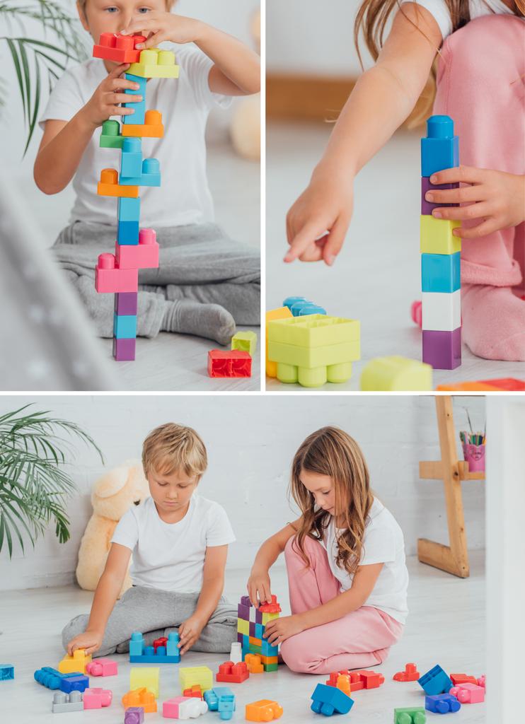collage de hermano y hermana en pijama sentados en el suelo y jugando con bloques de construcción - Foto, Imagen