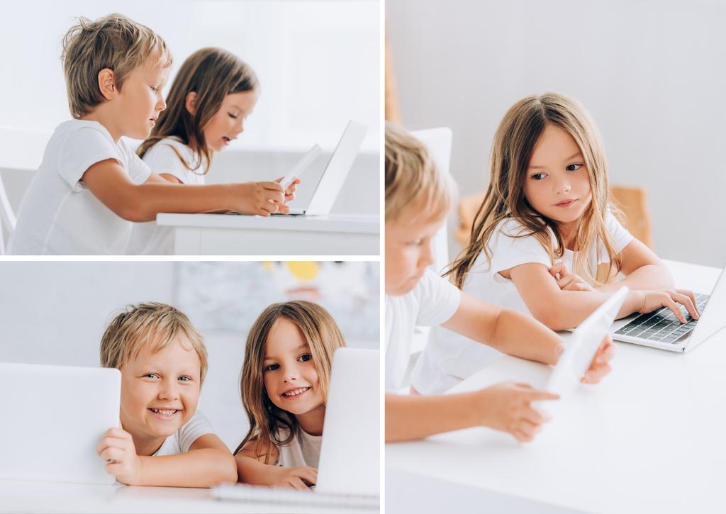 Collage von Geschwistern, die zu Hause gemeinsam Laptops benutzen, während sie am Tisch sitzen - Foto, Bild