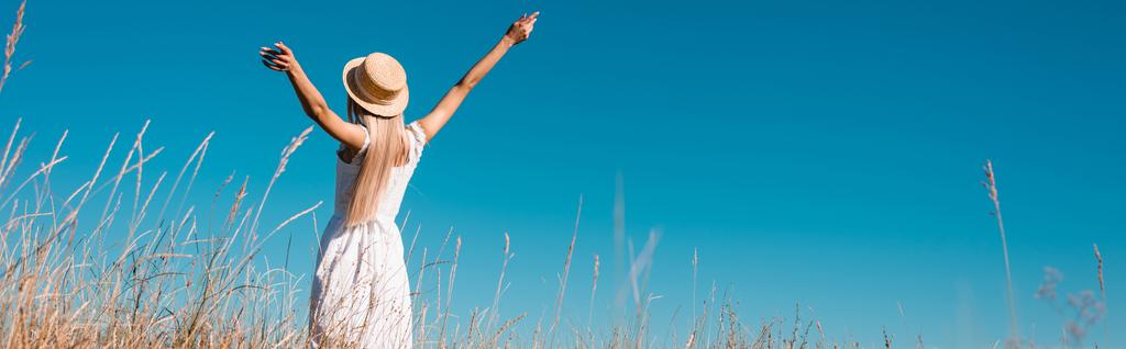 白いドレスを着た女性の後ろ姿と青い空に向かって手を伸ばして立つ麦藁帽子パノラマ写真 - 写真・画像