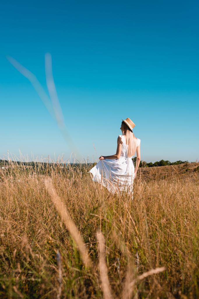 青い空に対して牧草地に立っている間に白いドレスに触れるわらの帽子のスタイリッシュな女性のバックビュー、選択的な焦点 - 写真・画像
