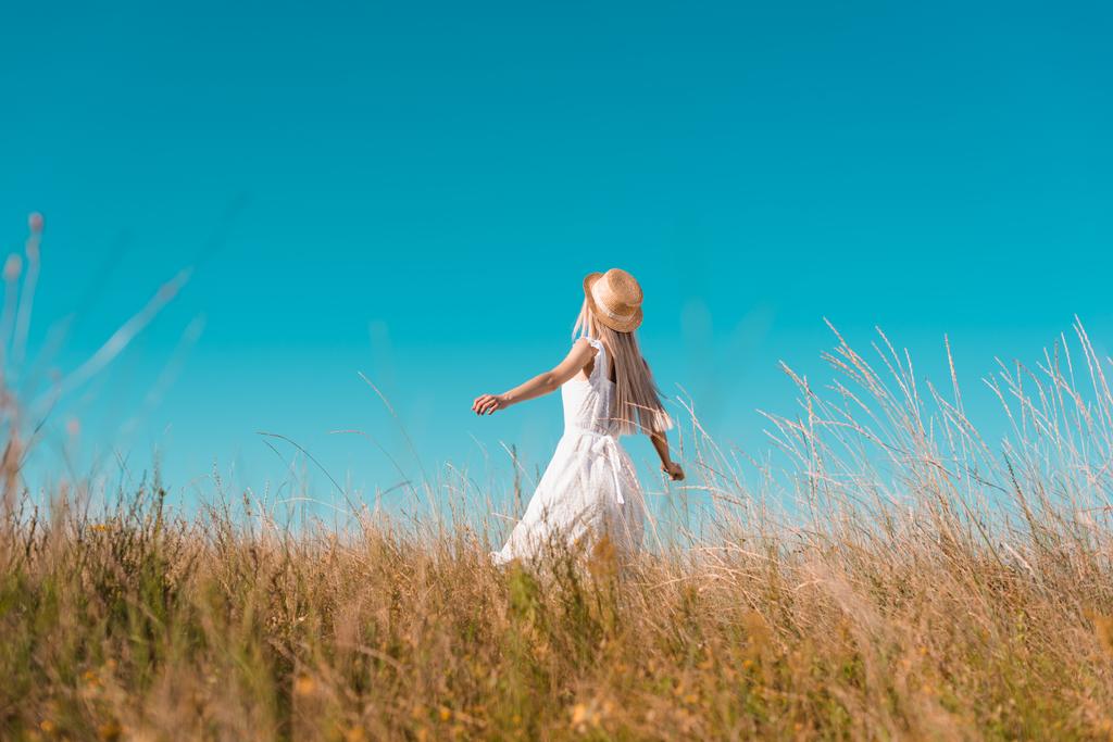 藁帽子の女性と草の畑に手を伸ばして立つ白いドレスの選択的な焦点 - 写真・画像