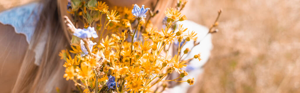 przycięty widok kobiety gospodarstwa bukiet dzikich kwiatów, nagłówek strony internetowej - Zdjęcie, obraz