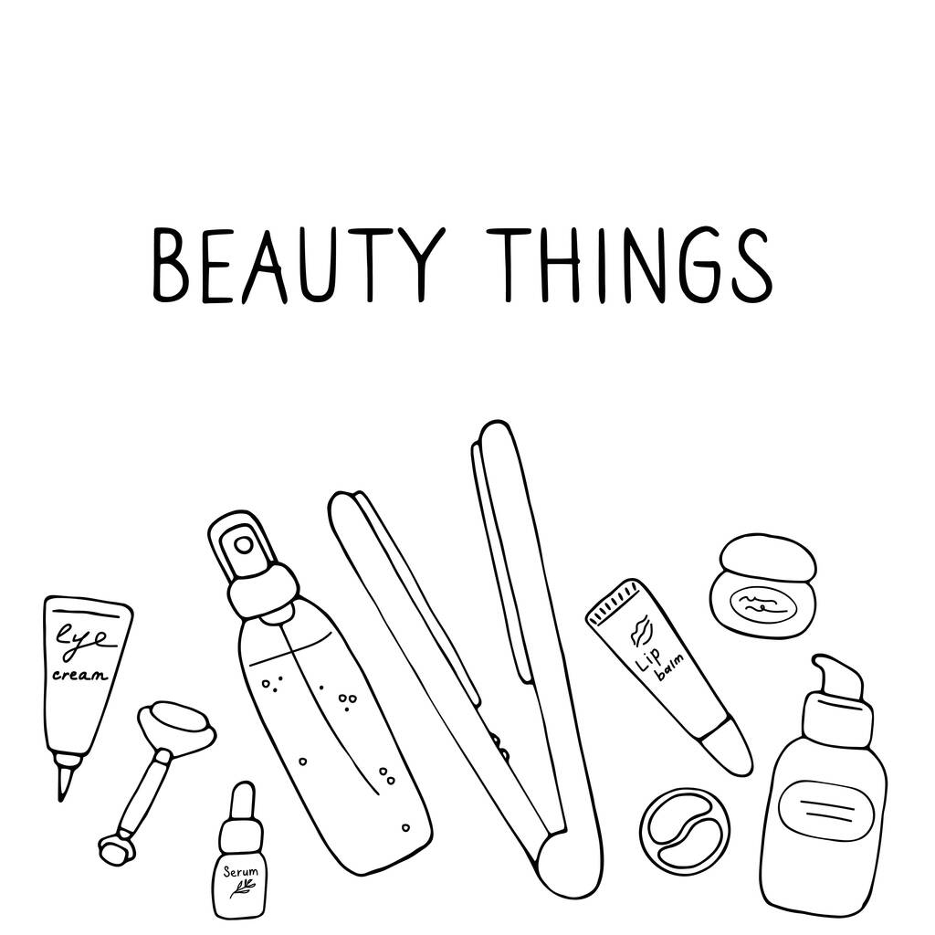 Piękności. Produkty, kosmetyki, narzędzia, urządzenia dla piękna. Skóra, ciało i włosy. Ilustracja ręcznego rysowania wektora. - Wektor, obraz