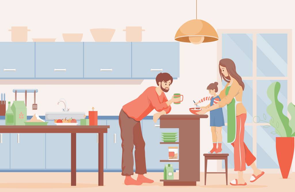 Family time vector flat illustration. Mother, father, and daughter cooking pancakes for breakfast at the kitchen. - Vector, Image