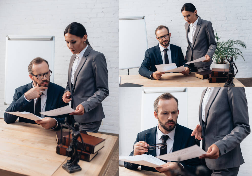 коллаж предпринимательницы, указывающей рукой на документ рядом с бизнесменом в очках - Фото, изображение