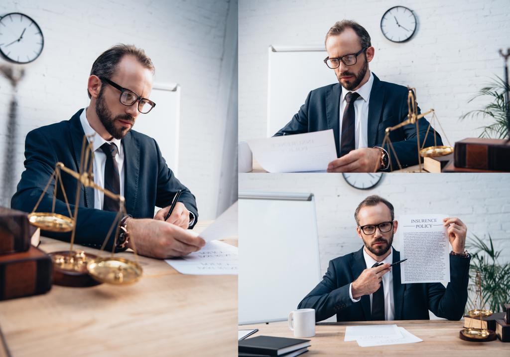 коллаж бизнесмена в очках, просматривающего документы страхового полиса рядом с чешуйками и книгами в офисе - Фото, изображение