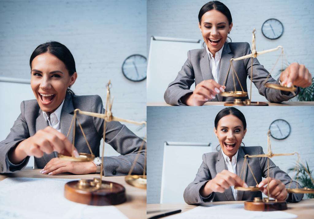 collage of excited lawyer touching golden scales in office  - Photo, Image
