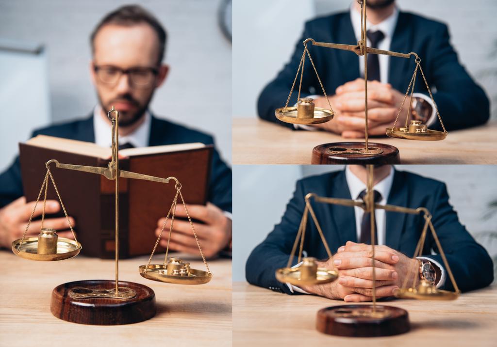 Collage eines bärtigen Anwalts, der Buch in der Hand hält und mit geballten Händen neben goldenen Schuppen sitzt  - Foto, Bild