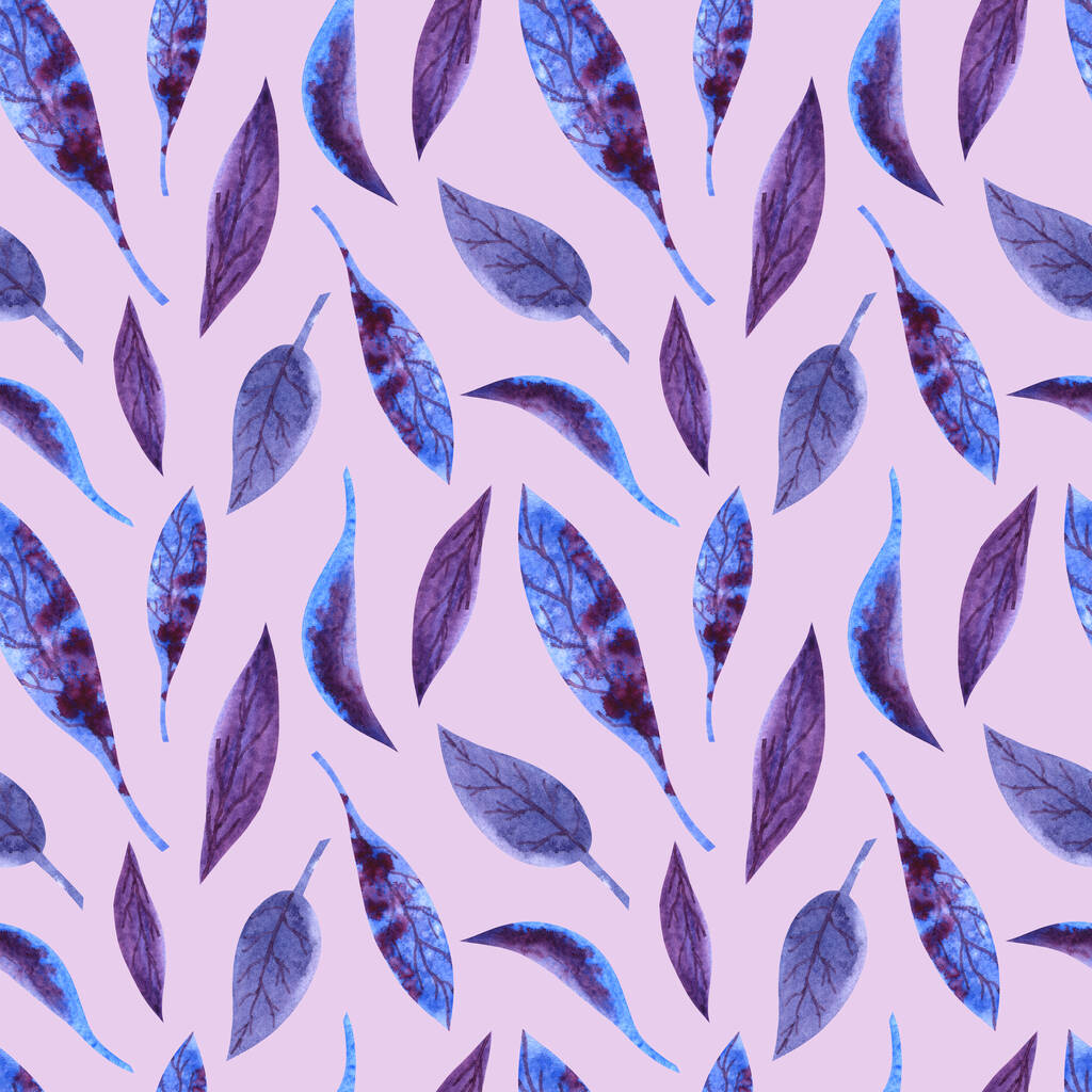 ライラックを背景に青と紫の葉を持つシームレスな水彩模様. - 写真・画像