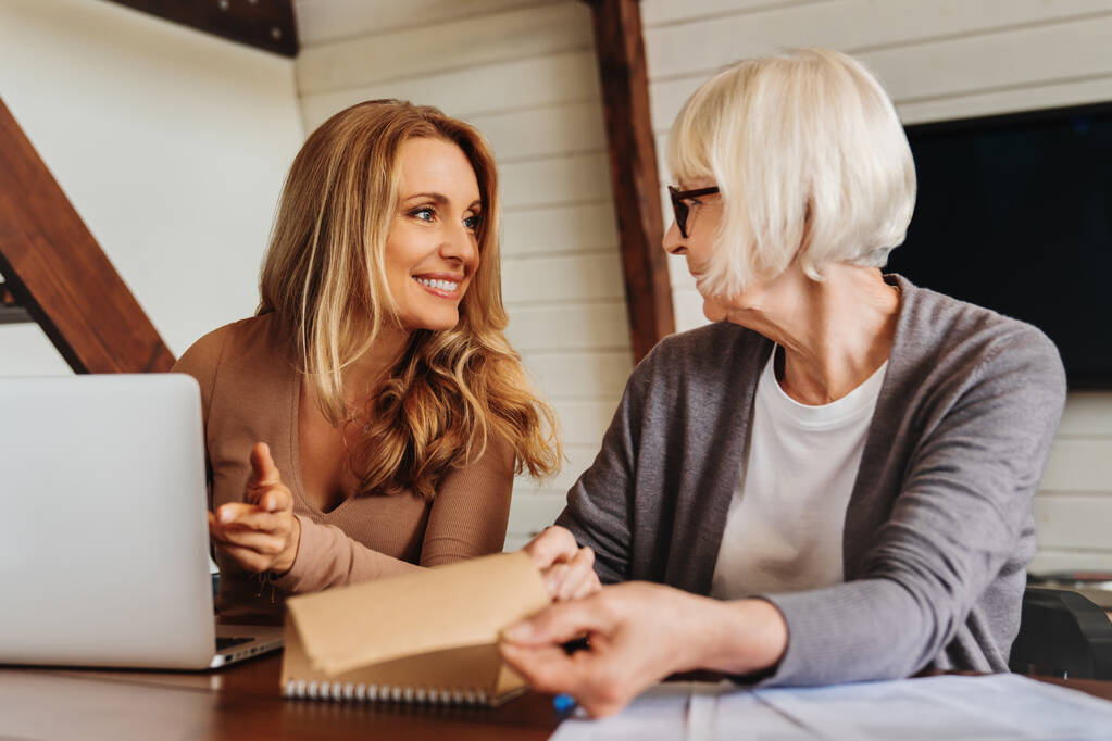 Portrait of businesswoman consulting with retired woman at home - Photo, Image