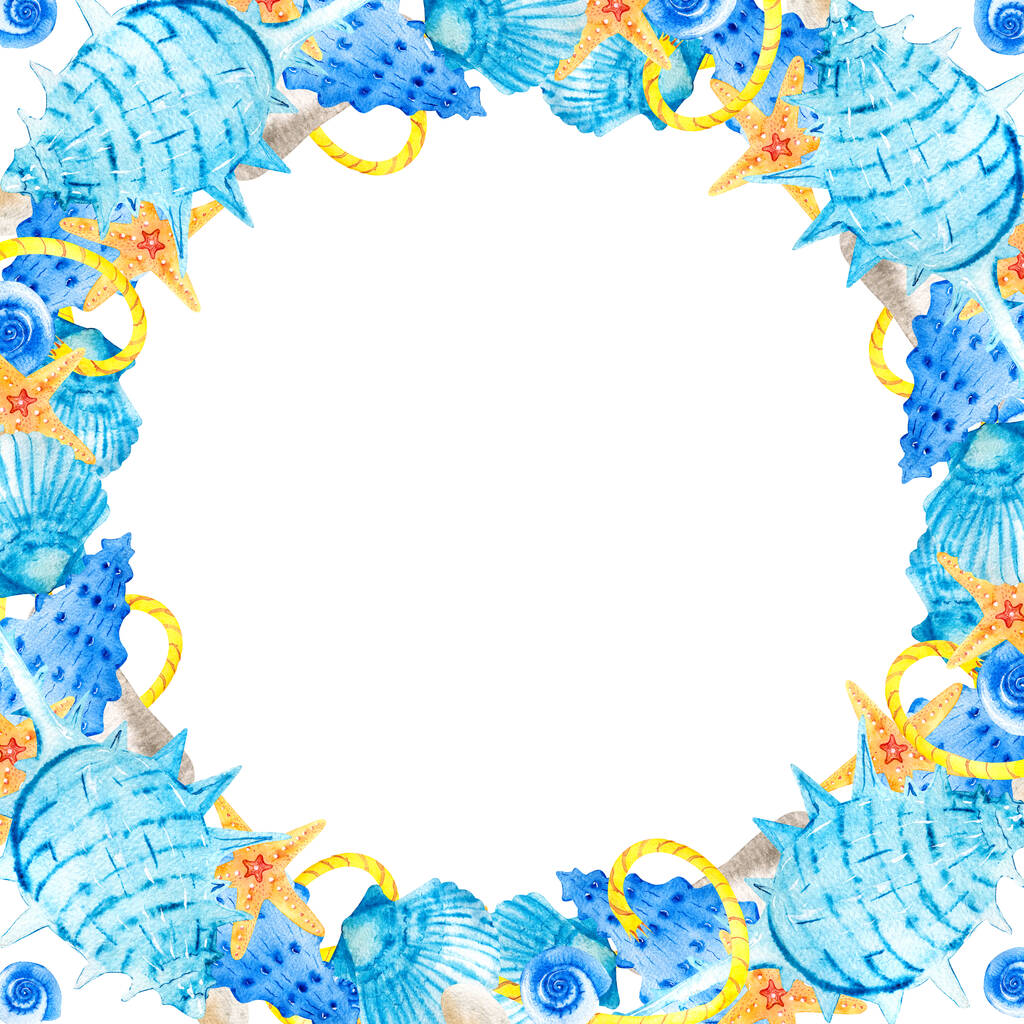 Aquarell-quadratische Rahmen mit Muscheln, Sternen und Schnecken auf weißem Hintergrund. Illustration der Zusammensetzung des Meeres. Clipart für handgezeichnete Postkarten-Design-Vorlage. - Foto, Bild