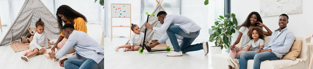 collage di famiglia afroamericana seduta sul divano, padre che tiene lo scooter vicino al figlio e tocca cubi di legno sul pavimento  - Foto, immagini