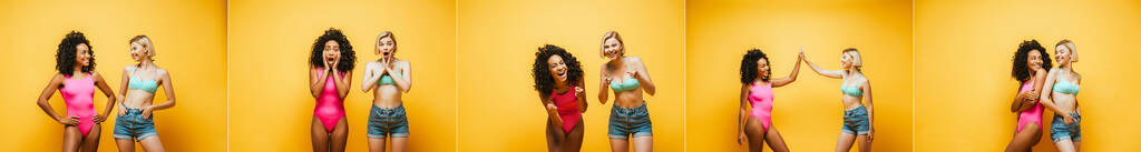 Collage junger multikultureller Frauen im sommerlichen Outfit posiert und gestikuliert auf gelbem, horizontalem Bild - Foto, Bild