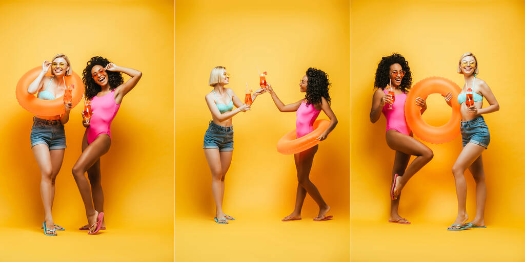 Collage mit jungen interrassischen Frauen im Sommeroutfit, die mit aufblasbarem Ring und Cocktails auf gelbem, horizontalem Bild posieren - Foto, Bild
