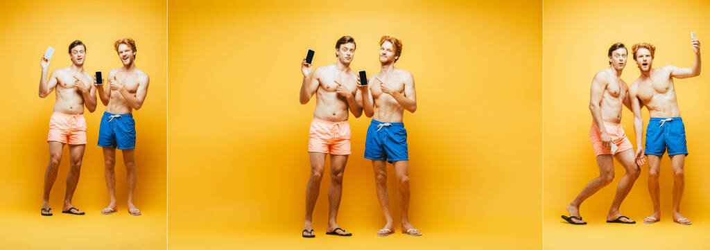 koláž dvou kamarádů bez trička ukazujících smartphony, ukazujících a sledujících kameru na žlutém, vodorovném snímku - Fotografie, Obrázek