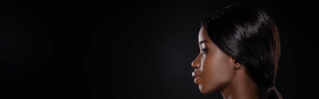 profile of african american woman isolated on black, panoramic shot - Photo, Image