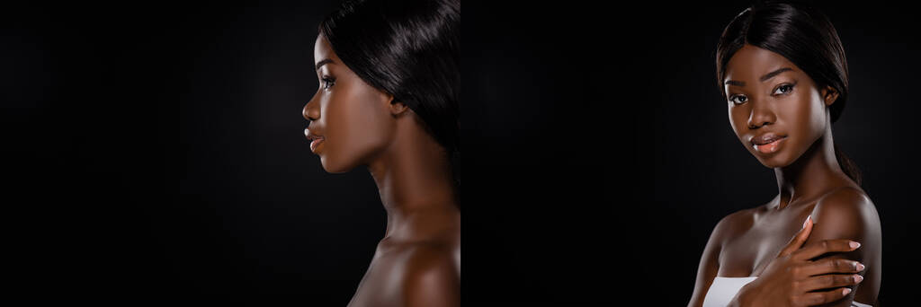 collage de africaine américaine nue isolé sur noir, panoramique shot - Photo, image