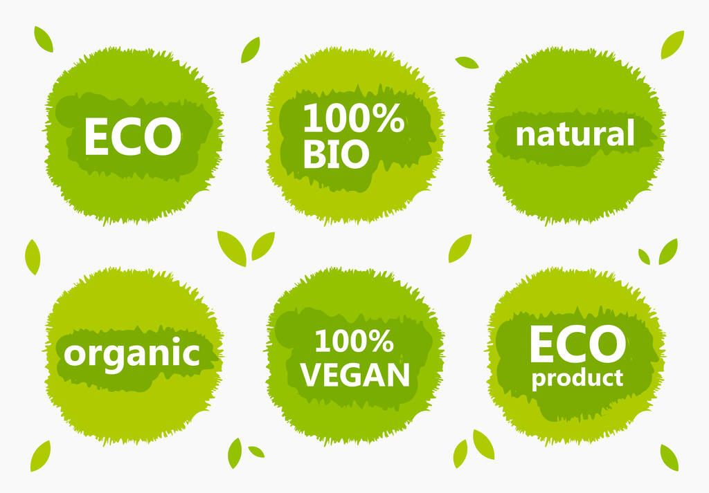 Ekolojik yeşil amblemler, düz tasarım elementler: doğal, eko, vegan ve organik. Vektör illüstrasyonu. - Vektör, Görsel