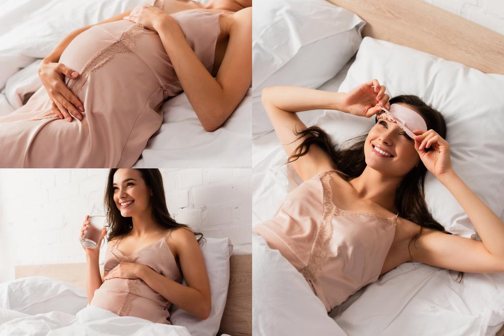 koláž těhotné ženy v hedvábí noční košile dotýkání břicha a oční masky při držení sklenice vody v ložnici  - Fotografie, Obrázek