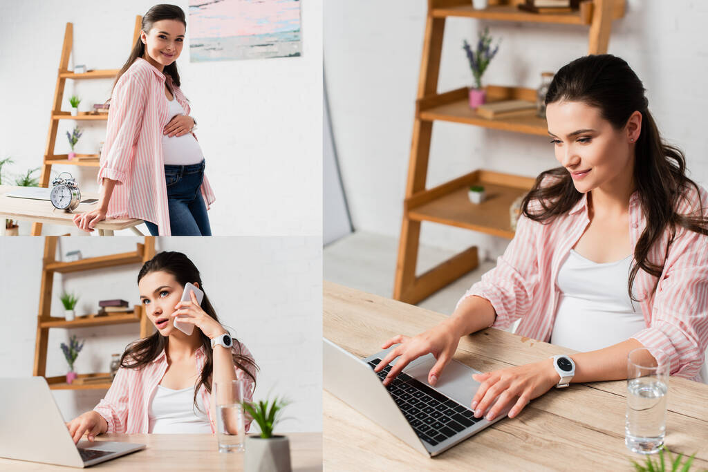 kollaasi brunette ja raskaana oleva nainen ottaa älypuhelimen ja kannettavan tietokoneen työskennellessään kotoa - Valokuva, kuva