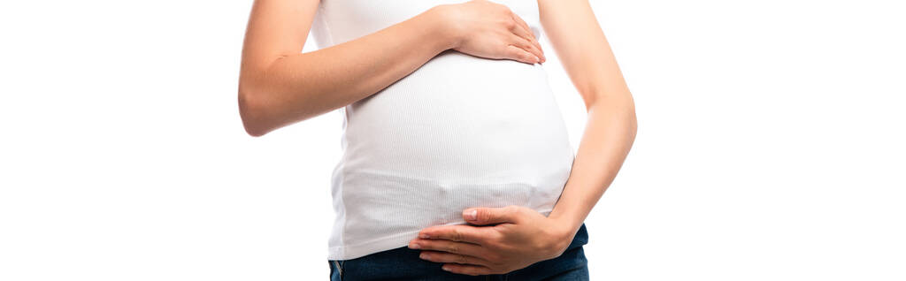 οριζόντια καλλιέργεια της εγκύου γυναίκα αγγίζοντας κοιλιά απομονώνονται σε λευκό  - Φωτογραφία, εικόνα