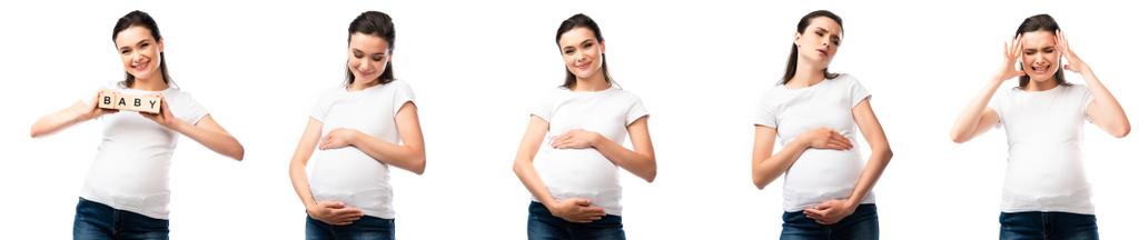 collage de mujer embarazada sosteniendo cubos de madera con letras de bebé, tocando el vientre y la cabeza aislada mientras  - Foto, Imagen