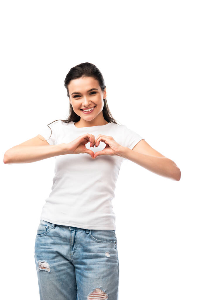 young woman showing heart sign isolated on white  - Photo, Image