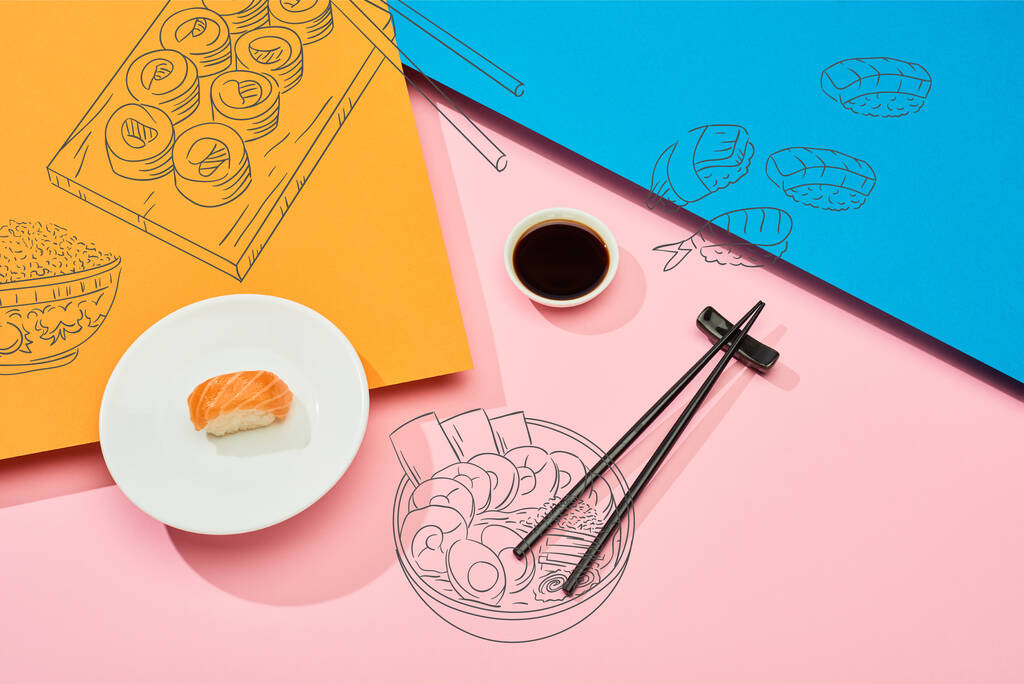 top view friss nigiri lazac közelében szójaszósz, evőpálcika és sushi illusztráció kék, rózsaszín és narancssárga háttér - Fotó, kép