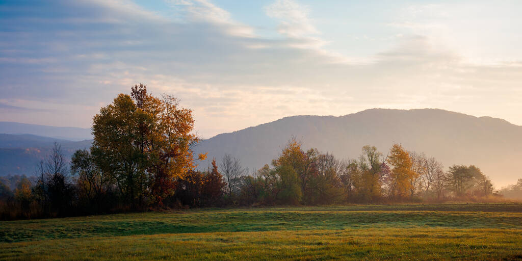nebliger Morgen bergiger Landschaft. ländliche Landschaft in herbstlichen Farben. Bäume auf den Feldern in Herbstfarben. Ferne Berge unter einem Himmel mit Wolken im Morgenlicht - Foto, Bild