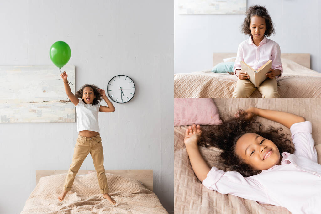 Collage eines afrikanisch-amerikanischen Mädchens, das mit einem Luftballon auf dem Bett springt, Buch liest und sich ausruht, während sie in die Kamera blickt - Foto, Bild