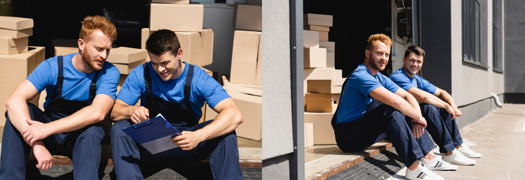 Collage of movers in overalls looking at clipboard near warehouse on urban street  - Photo, Image
