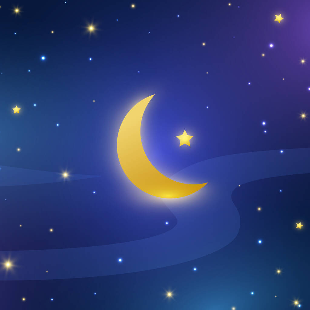 Éjszakai égbolt háttér. Ramadan Kareem fesztivál zászlaja. Félhold és csillagok éjfélkor. Kék ragyogó űruniverzum. Csillagűri tapéta. Vektorillusztráció. - Vektor, kép