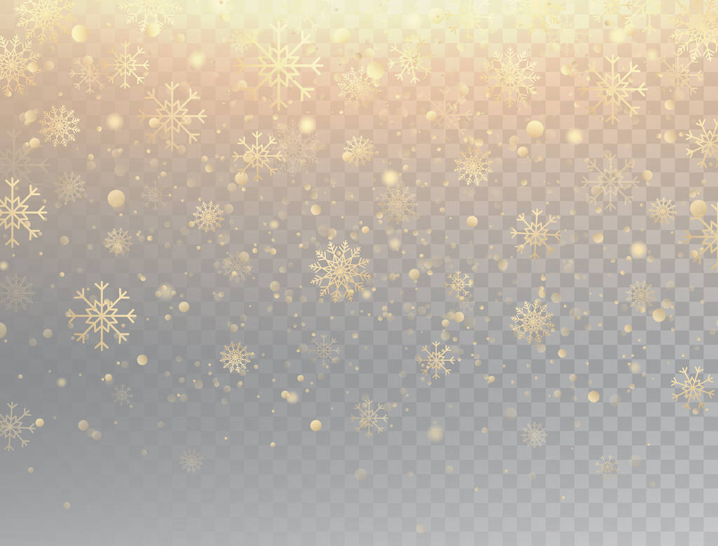 Arany hópelyhek csillogással. Realisztikus lehulló hópelyhek elszigetelve, átlátszó háttérrel. Téli háttér hó. Varázslatos arany hóesés textúra. Karácsonyi tervezés. Vektorillusztráció. - Vektor, kép