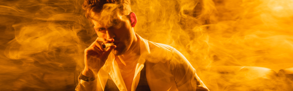 imagen horizontal del hombre de traje sosteniendo cigarro y mirando a la cámara en negro con humo - Foto, Imagen