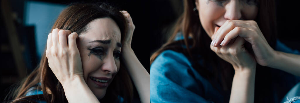 koláž deprimované brunetky ženy s tekoucí řasenkou pláč doma  - Fotografie, Obrázek
