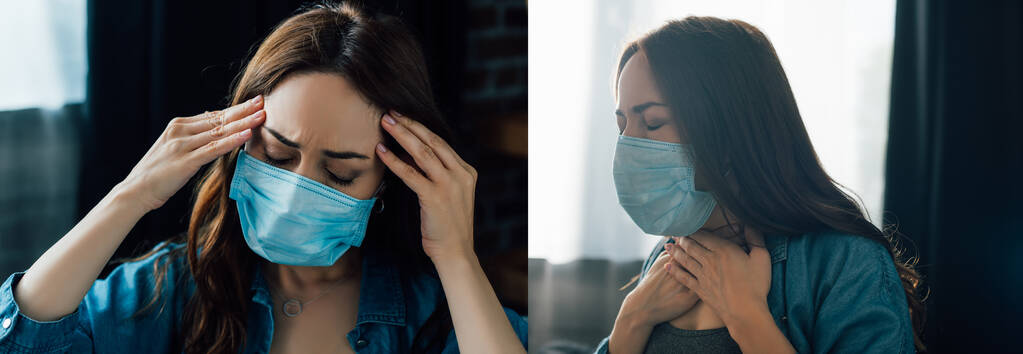 colagem de mulher morena em máscara médica azul tocando na garganta e cabeça em casa - Foto, Imagem